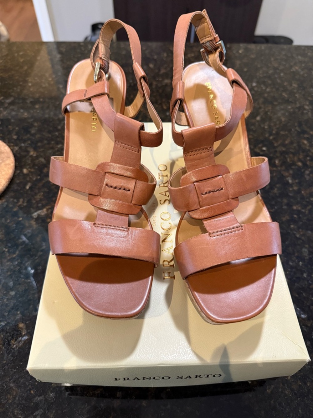 Franco Sarto Cognac Leather T-Strap Sandals.  Never worn.